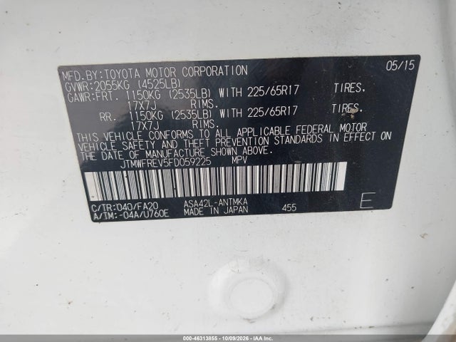 Aukcja sprzedaży 2015 Toyota Rav4 Xle, vin: JTMWFREV5FD059225, numer aukcji: 46313855