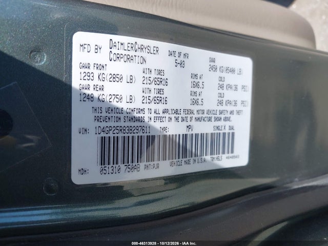 Продаж на аукціоні авто 2003 Dodge Caravan Se, vin: 1D4GP25R83B297611, номер лоту: 46313928