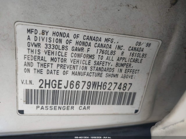 46313934 :رقم المزاد ، 2HGEJ6679WH627487 vin ، 1998 Honda Civic Lx مزاد بيع