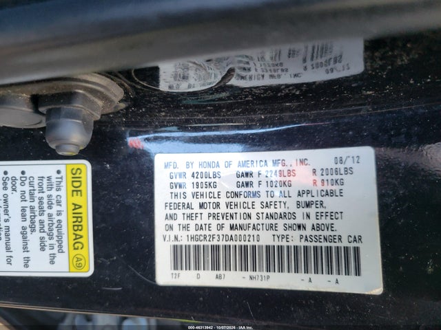 Продаж на аукціоні авто 2013 Honda Accord Lx, vin: 1HGCR2F37DA000210, номер лоту: 46313942