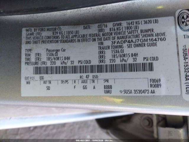 Продажа на аукционе авто 2016 Ford Fiesta S, vin: 3FADP4AJ7GM164760, номер лота: 46313951