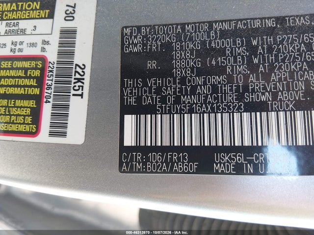 46313970 :رقم المزاد ، 5TFUY5F16AX135323 vin ، 2010 Toyota Tundra Grade 5.7l V8 مزاد بيع