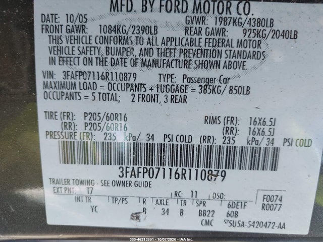 Продажа на аукционе авто 2006 Ford Fusion Se, vin: 3FAFP07116R110879, номер лота: 46313991