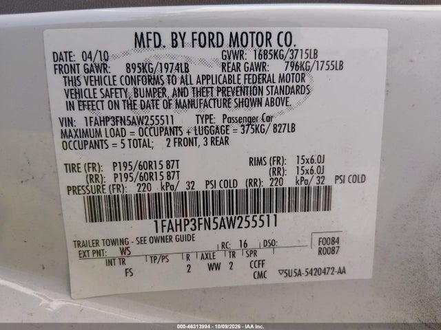 Продаж на аукціоні авто 2010 Ford Focus Se, vin: 1FAHP3FN5AW255511, номер лоту: 46313994