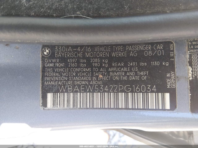 46314031 :رقم المزاد ، WBAEW53422PG16034 vin ، 2002 Bmw 330xi مزاد بيع