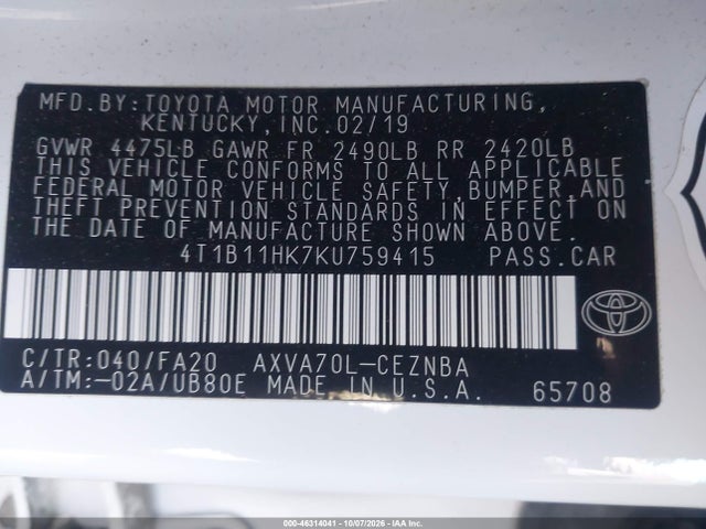 46314041 :رقم المزاد ، 4T1B11HK7KU759415 vin ، 2019 Toyota Camry Le مزاد بيع