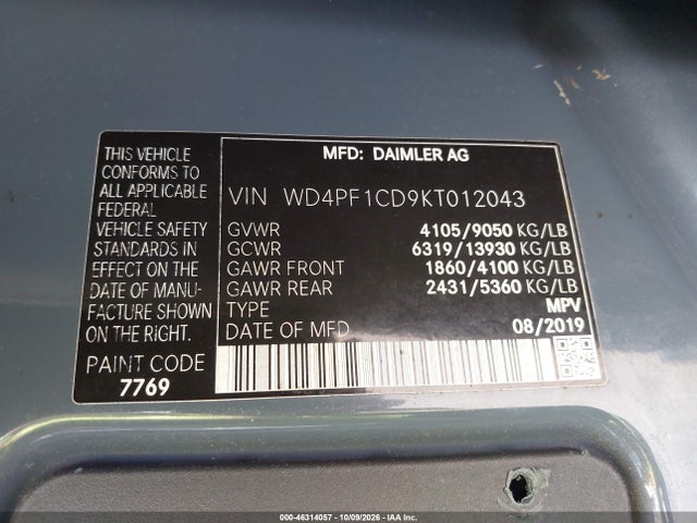 Продаж на аукціоні авто 2019 Mercedes-benz Sprinter 2500 High Roof V6, vin: WD4PF1CD9KT012043, номер лоту: 46314057