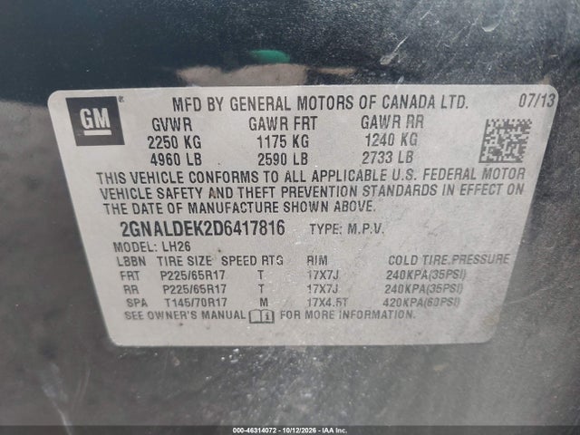 46314072 :رقم المزاد ، 2GNALDEK2D6417816 vin ، 2013 Chevrolet Equinox 1lt مزاد بيع