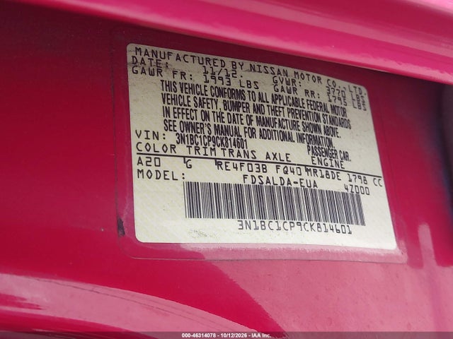 Продаж на аукціоні авто 2012 Nissan Versa 1.8 S, vin: 3N1BC1CP9CK814601, номер лоту: 46314078