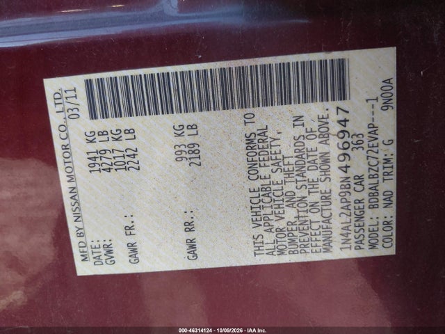 Aukcja sprzedaży 2011 Nissan Altima 2.5 S, vin: 1N4AL2AP9BN496947, numer aukcji: 46314124