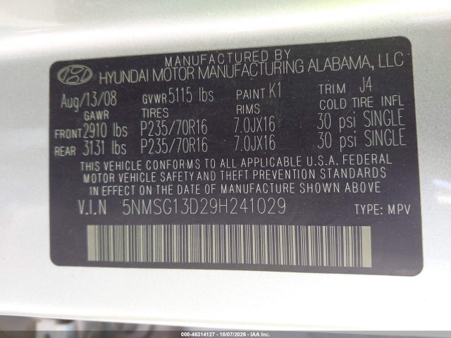 Продаж на аукціоні авто 2009 Hyundai Santa Fe Gls, vin: 5NMSG13D29H241029, номер лоту: 46314127