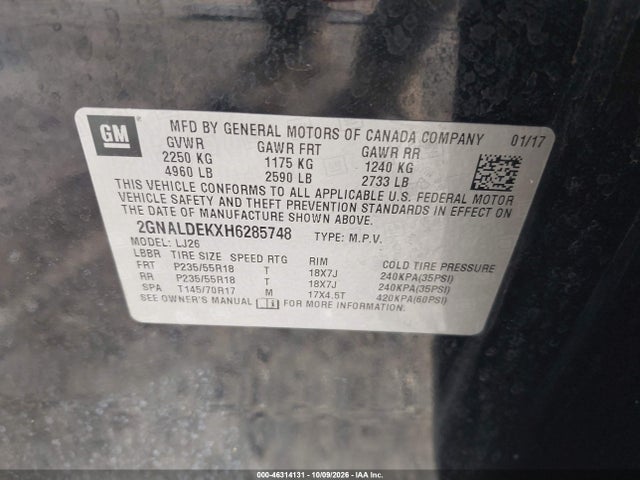Aukcja sprzedaży 2017 Chevrolet Equinox Premier, vin: 2GNALDEKXH6285748, numer aukcji: 46314131