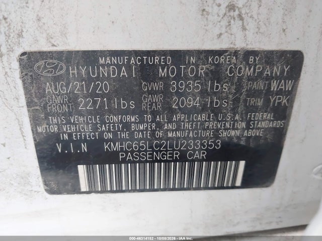 Продаж на аукціоні авто 2020 Hyundai Ioniq Hybrid Blue, vin: KMHC65LC2LU233353, номер лоту: 46314152