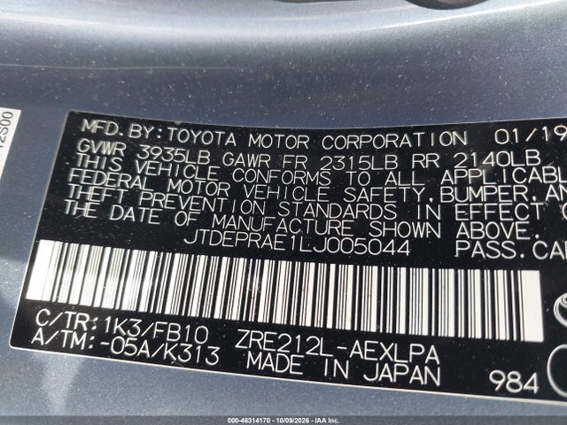 Aukcja sprzedaży 2020 Toyota Corolla Le, vin: JTDEPRAE1LJ005044, numer aukcji: 46314170