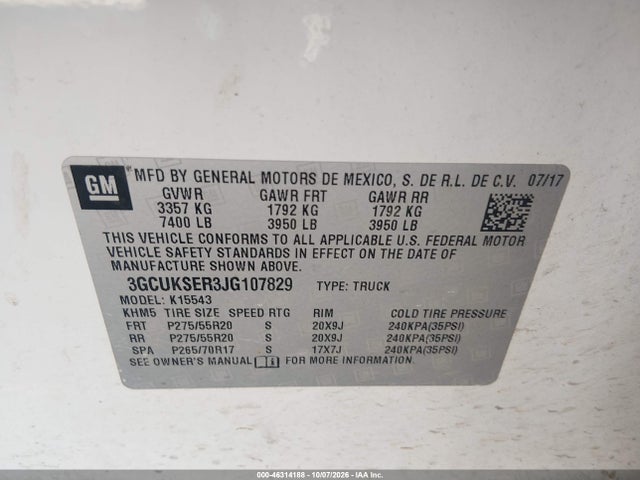 Aukcja sprzedaży 2018 Chevrolet Silverado 1500 1lz, vin: 3GCUKSER3JG107829, numer aukcji: 46314188