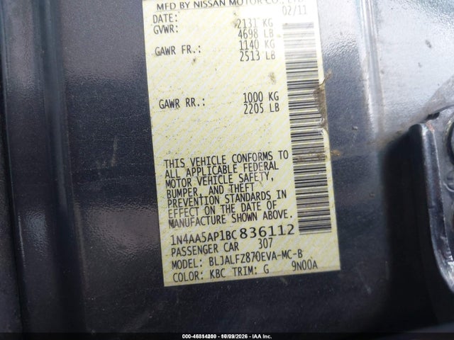 2011 Nissan Maxima 3.5 Sv მანქანა იყიდება აუქციონზე, vin: 1N4AA5AP1BC836112, აუქციონის ნომერი: 46314200
