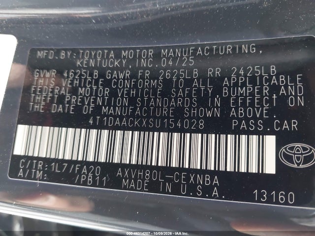 2025 Toyota Camry Le მანქანა იყიდება აუქციონზე, vin: 4T1DAACKXSU154028, აუქციონის ნომერი: 46314207