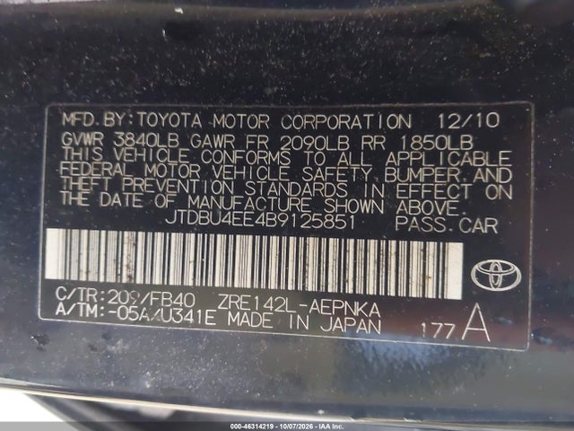 46314219 :رقم المزاد ، JTDBU4EE4B9125851 vin ، 2011 Toyota Corolla Le مزاد بيع