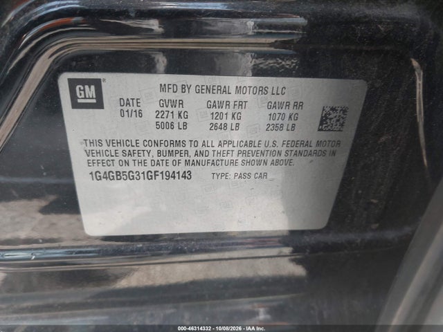 Продаж на аукціоні авто 2016 Buick Lacrosse Leather, vin: 1G4GB5G31GF194143, номер лоту: 46314332