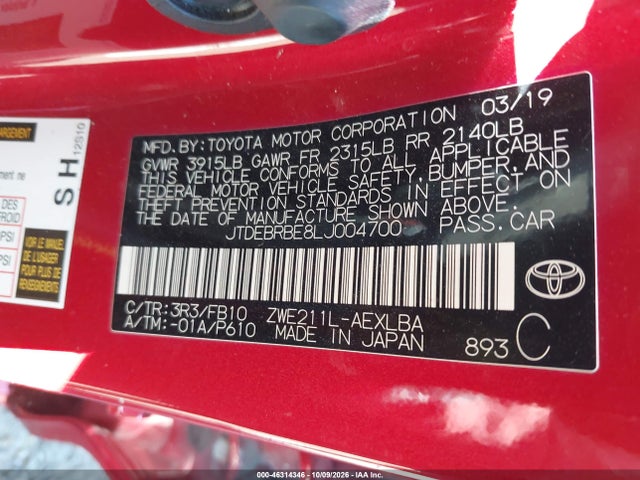 Aukcja sprzedaży 2020 Toyota Corolla Hybrid Le, vin: JTDEBRBE8LJ004700, numer aukcji: 46314346