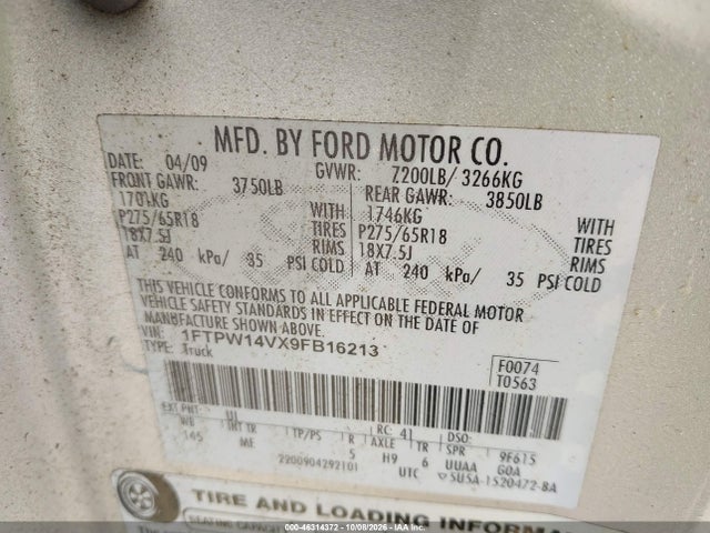46314372 :رقم المزاد ، 1FTPW14VX9FB16213 vin ، 2009 Ford F-150 Fx4/king Ranch/lariat/platinum/xl/xlt مزاد بيع