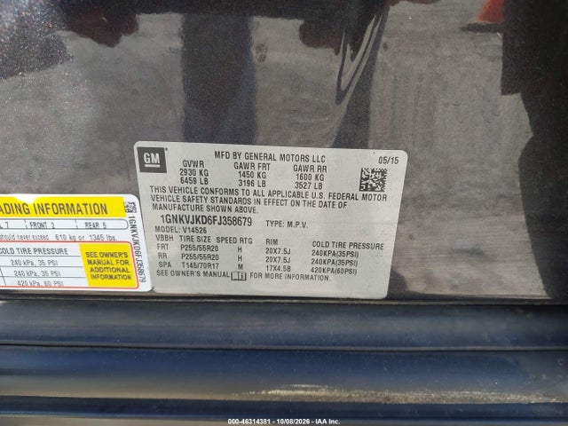 Aukcja sprzedaży 2015 Chevrolet Traverse Ltz, vin: 1GNKVJKD6FJ358679, numer aukcji: 46314381