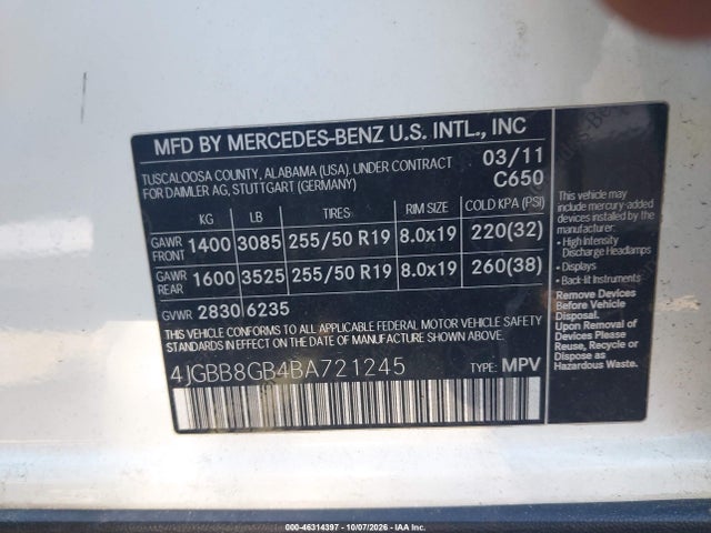 Продаж на аукціоні авто 2011 Mercedes-benz Ml 350 4matic, vin: 4JGBB8GB4BA721245, номер лоту: 46314397