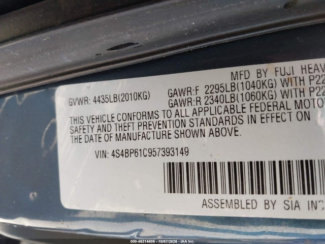 2005 Subaru Outback 2.5i მანქანა იყიდება აუქციონზე, vin: 4S4BP61C957393149, აუქციონის ნომერი: 46314405