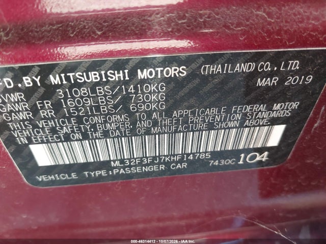 46314412 :رقم المزاد ، ML32F3FJ7KHF14785 vin ، 2019 Mitsubishi Mirage G4 Es مزاد بيع