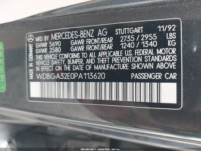 Aukcja sprzedaży 1993 Mercedes-benz 300 Se, vin: WDBGA32E0PA113620, numer aukcji: 46314417