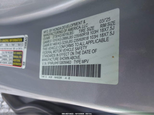 Продажа на аукционе авто 2025 Honda Odyssey Ex-l, vin: 5FNRL6H61SB056463, номер лота: 46314422