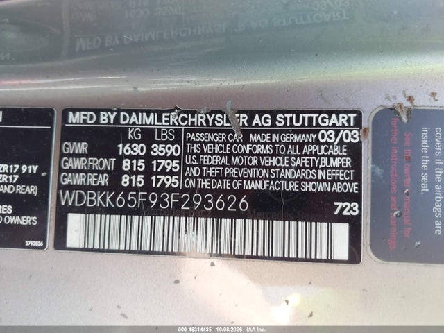 46314435 :رقم المزاد ، WDBKK65F93F293626 vin ، 2003 Mercedes-benz Slk 320 مزاد بيع