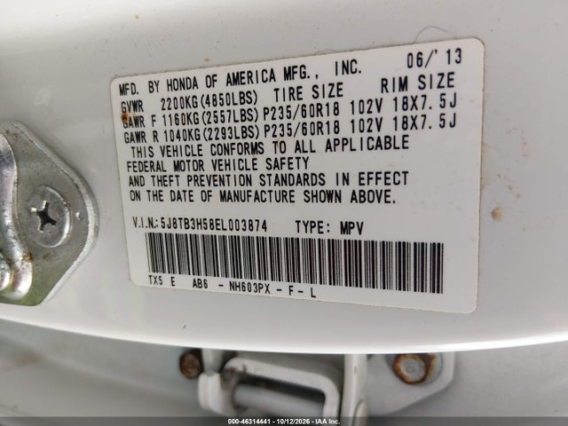 Auction sale of the 2014 Acura Rdx, vin: 5J8TB3H58EL003874, lot number: 46314441