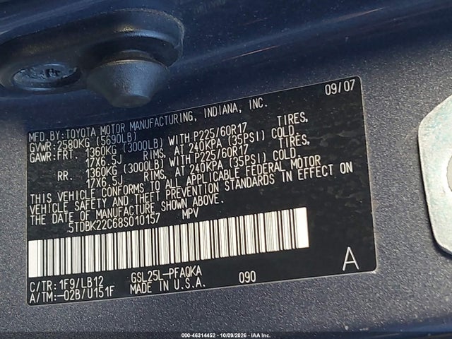 46314452 :رقم المزاد ، 5TDBK22C68S010157 vin ، 2008 Toyota Sienna Limited مزاد بيع