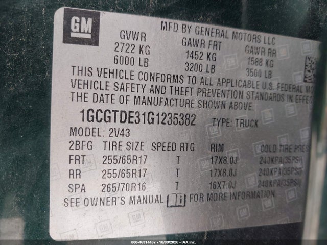 Aukcja sprzedaży 2016 Chevrolet Colorado Z71, vin: 1GCGTDE31G1235382, numer aukcji: 46314467