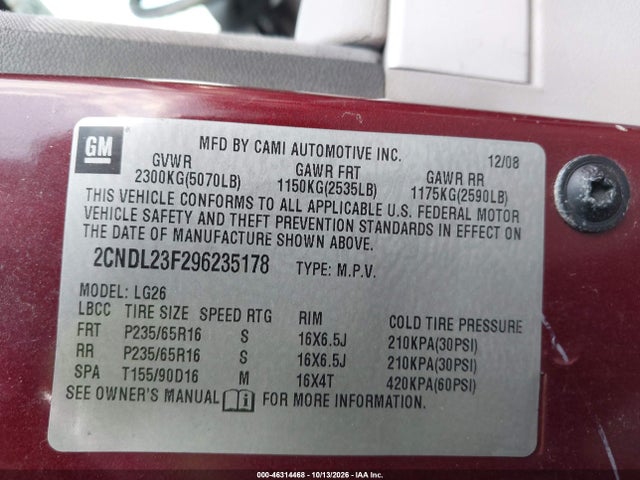 46314468 :رقم المزاد ، 2CNDL23F296235178 vin ، 2009 Chevrolet Equinox Ls مزاد بيع