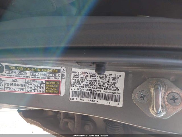 Продаж на аукціоні авто 2006 Honda Civic Ex, vin: 1HGFA16836L053715, номер лоту: 46314482