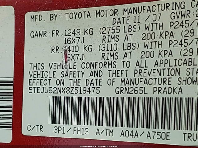 2008 Toyota Tacoma Prerunner V6 მანქანა იყიდება აუქციონზე, vin: 5TEJU62NX8Z519475, აუქციონის ნომერი: 46314484