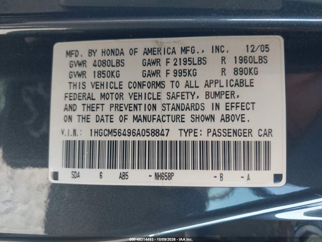 Aukcja sprzedaży 2006 Honda Accord 2.4 Lx, vin: 1HGCM56496A058847, numer aukcji: 46314493