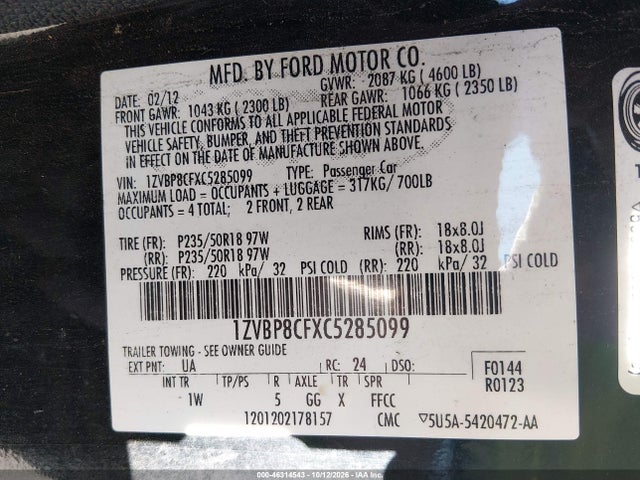 46314543 :رقم المزاد ، 1ZVBP8CFXC5285099 vin ، 2012 Ford Mustang Gt مزاد بيع