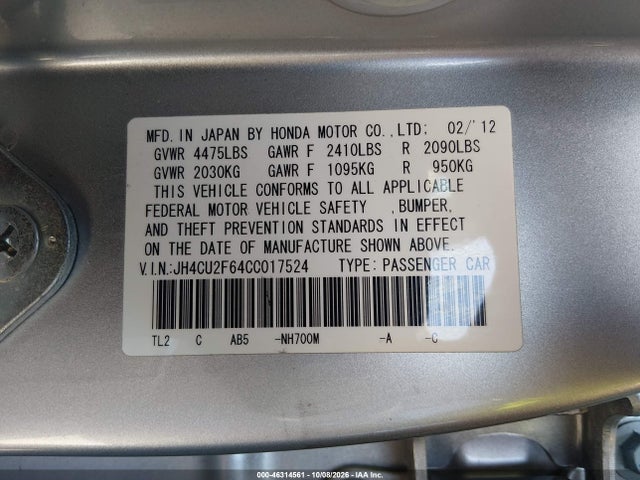 Продажа на аукционе авто 2012 Acura Tsx 2.4, vin: JH4CU2F64CC017524, номер лота: 46314561