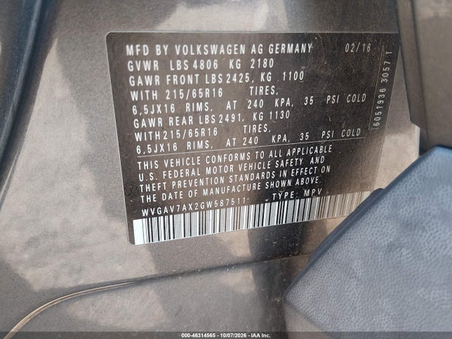 46314565 :رقم المزاد ، WVGAV7AX2GW587511 vin ، 2016 Volkswagen Tiguan S مزاد بيع