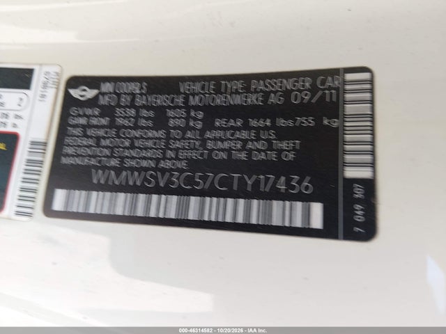 2012 Mini Cooper S მანქანა იყიდება აუქციონზე, vin: WMWSV3C57CTY17436, აუქციონის ნომერი: 46314582