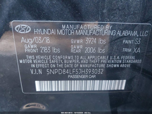 Продажа на аукционе авто 2018 Hyundai Elantra Sel, vin: 5NPD84LF5JH393032, номер лота: 46314618