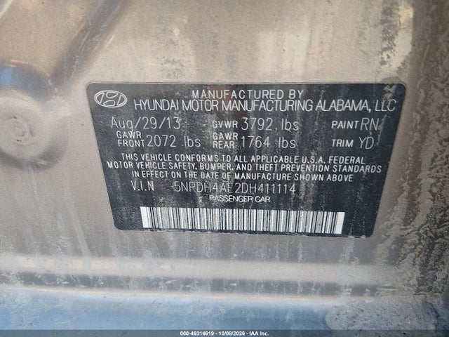 Aukcja sprzedaży 2013 Hyundai Elantra Gls, vin: 5NPDH4AE2DH411114, numer aukcji: 46314619
