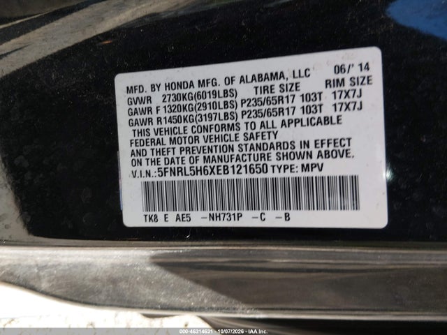 Aukcja sprzedaży 2014 Honda Odyssey Ex-l, vin: 5FNRL5H6XEB121650, numer aukcji: 46314631