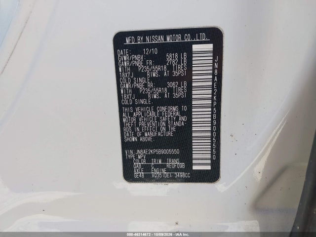 2011 Nissan Quest Sl მანქანა იყიდება აუქციონზე, vin: JN8AE2KP5B9005550, აუქციონის ნომერი: 46314672
