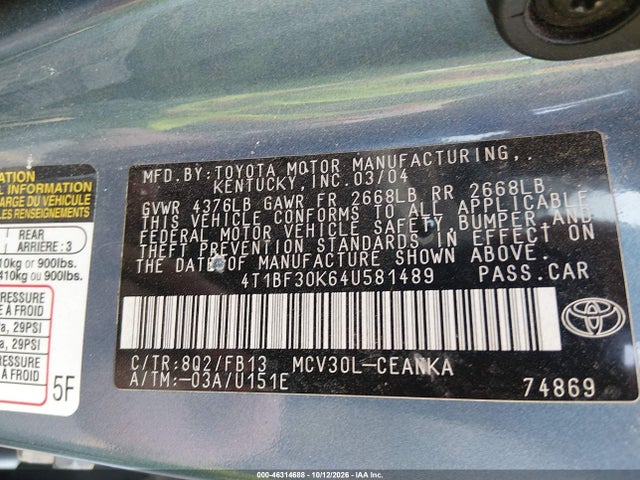 46314688 :رقم المزاد ، 4T1BF30K64U581489 vin ، 2004 Toyota Camry Le V6 مزاد بيع