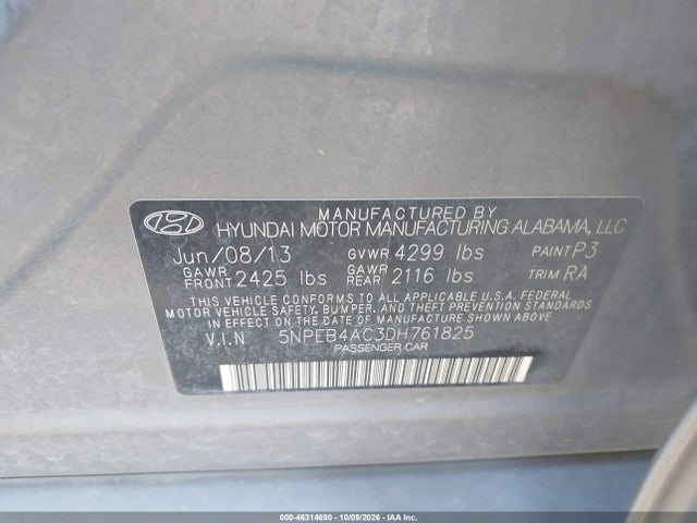 46314690 :رقم المزاد ، 5NPEB4AC3DH761825 vin ، 2013 Hyundai Sonata Gls مزاد بيع