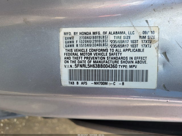 Продажа на аукционе авто 2011 Honda Odyssey Ex-l, vin: 5FNRL5H63BB004360, номер лота: 46314727